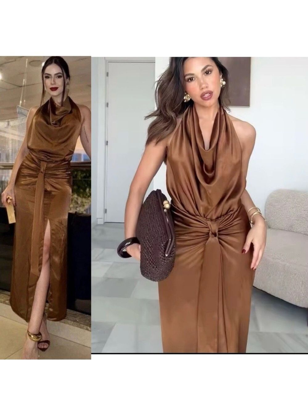 Zara brown satin effect open back front knot halter top midi maxi dress formal L